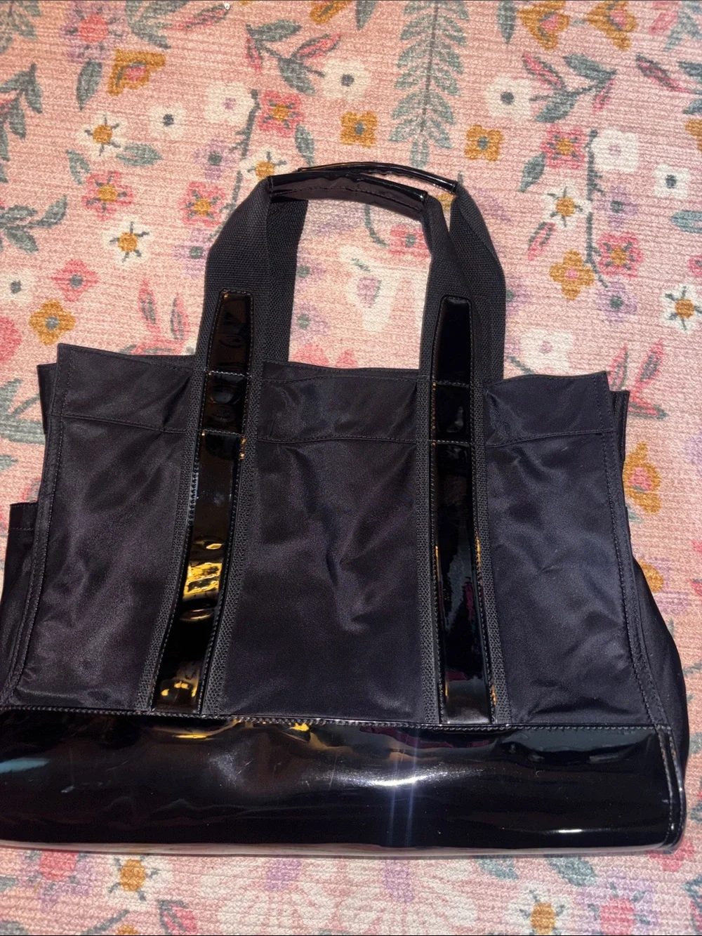 Tory Burch Black Tote with Patent Trim and Logo Medallion